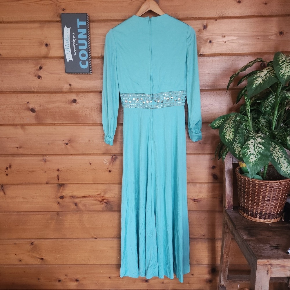 ILGWU Vintage 70s Maxi Dress Empire Waist Praire Retro Sequin Embellish Sz 26/2 - Picture 6 of 13